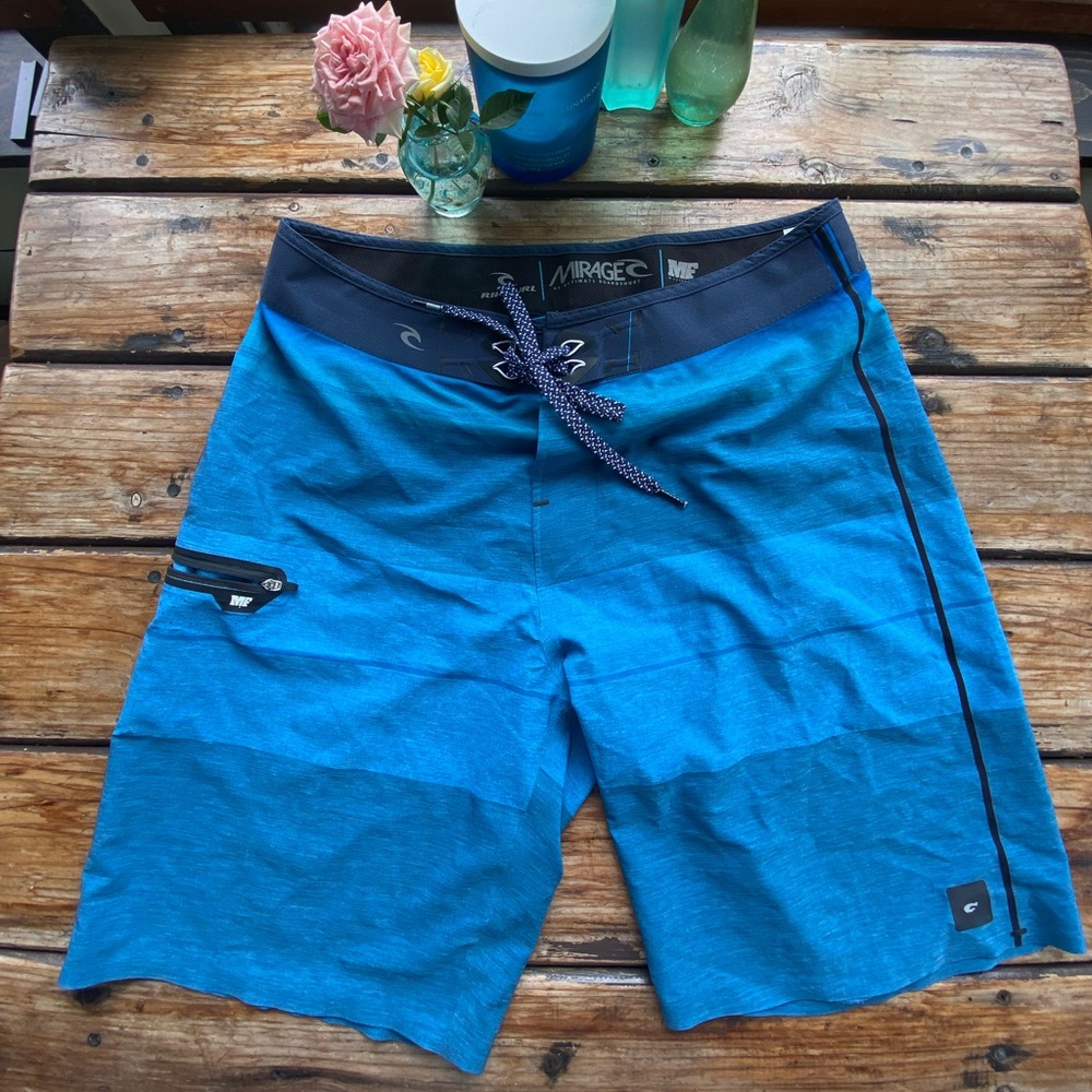 Men’s board shorts. Size 31, multicolor blues.
